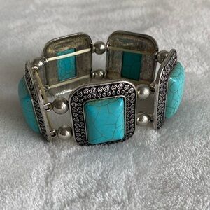 Turquoise Silver Large Square Stretch Bracelet Southwest Western‎
